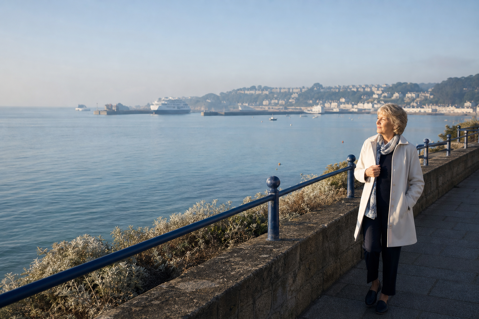 A mature traveller looking across St Helier harbour at first light
