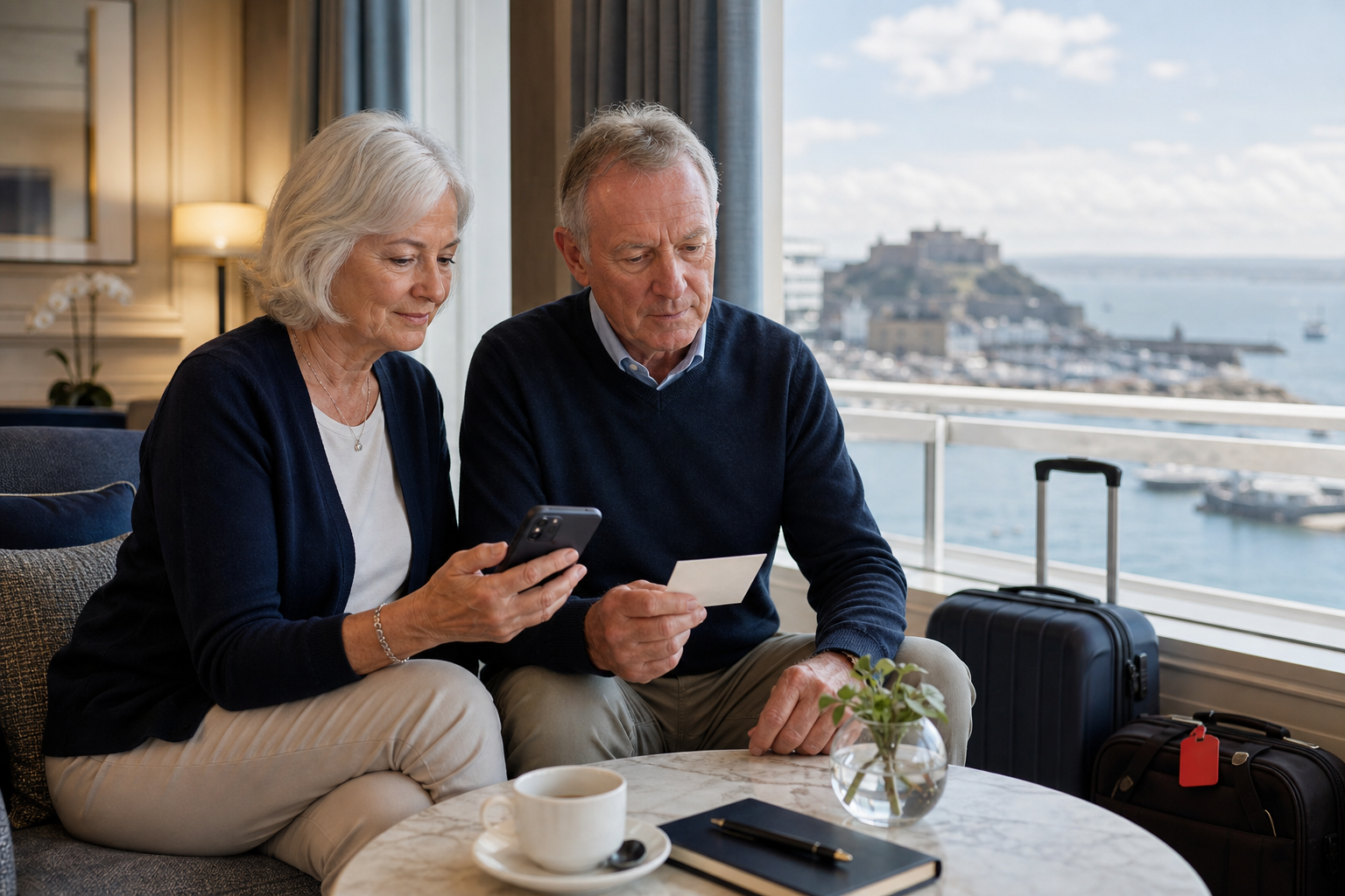 A retired couple making a secure recovery plan after losing a phone while travelling