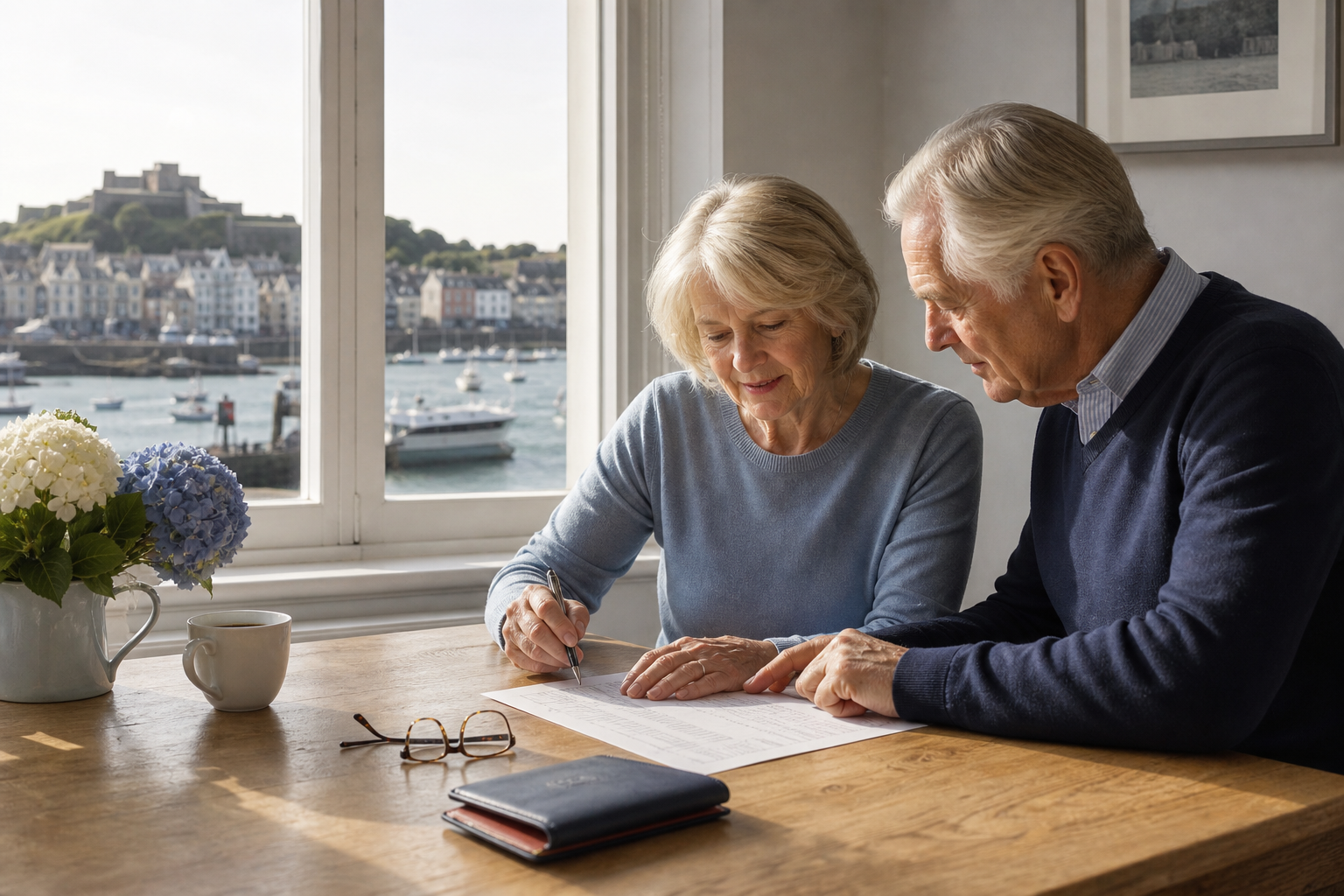 A retired couple reviewing a practical checklist at home
