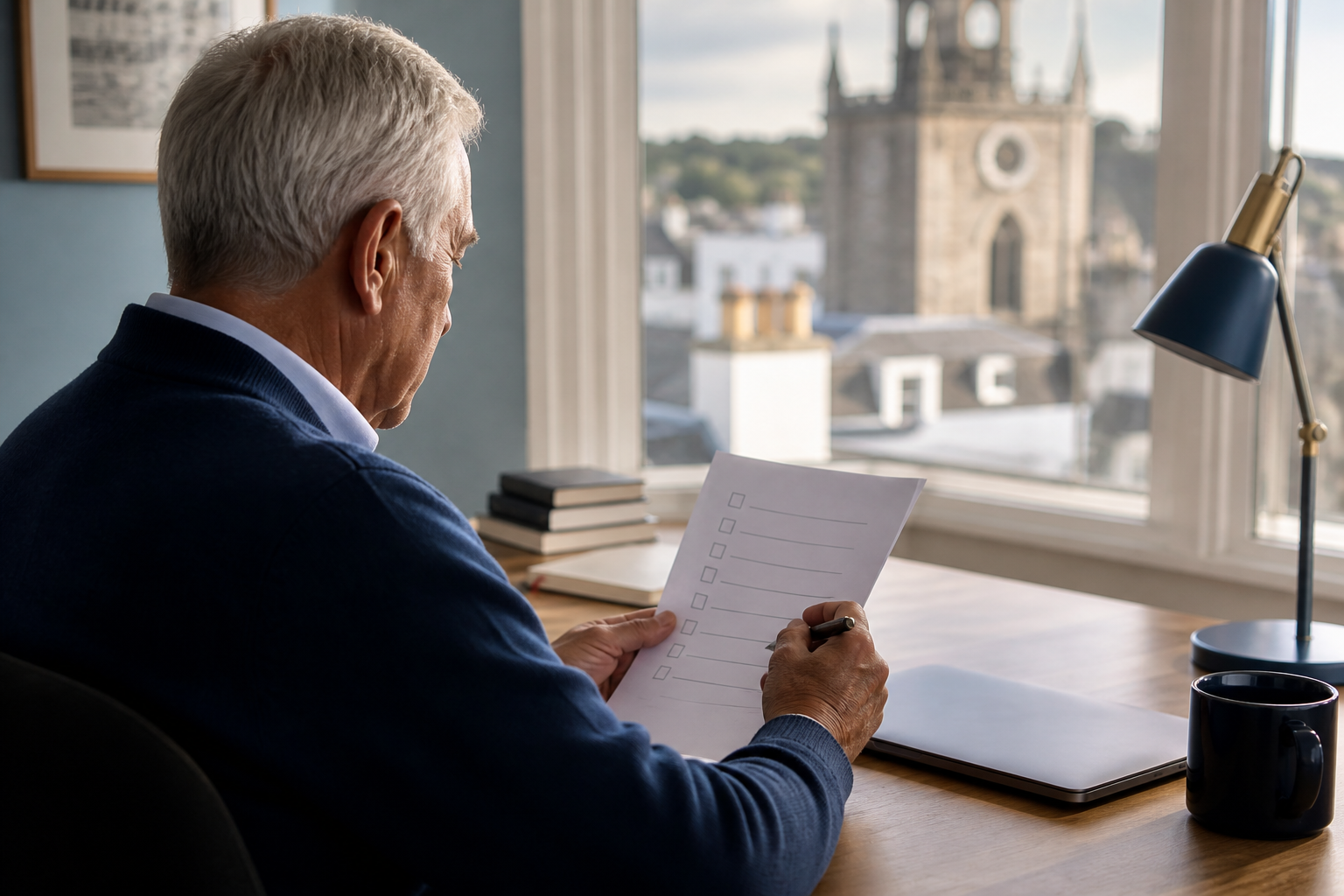 An older person using a laptop securely in a bright home office