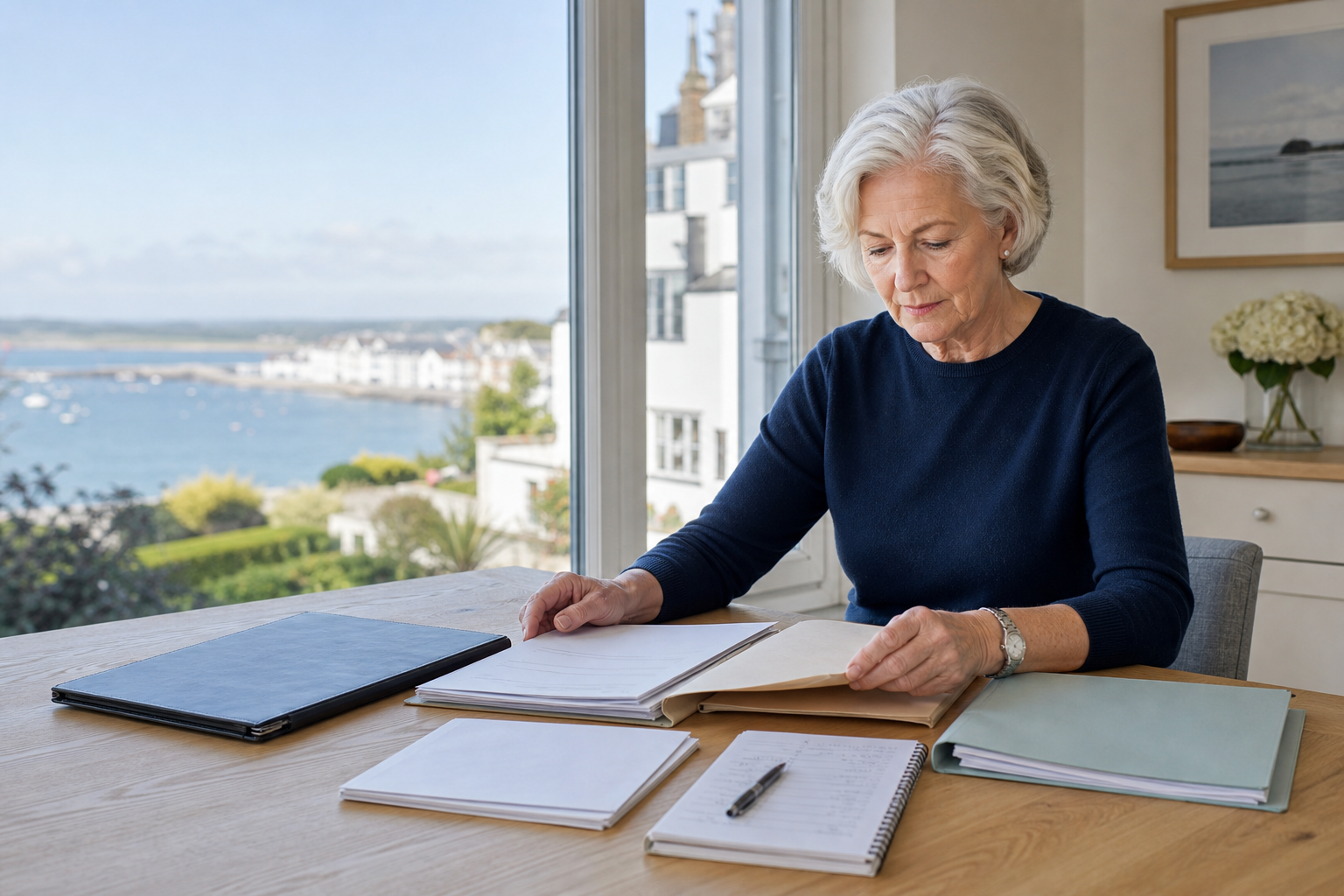 A mature Jersey resident organising financial documents at home overlooking the coast